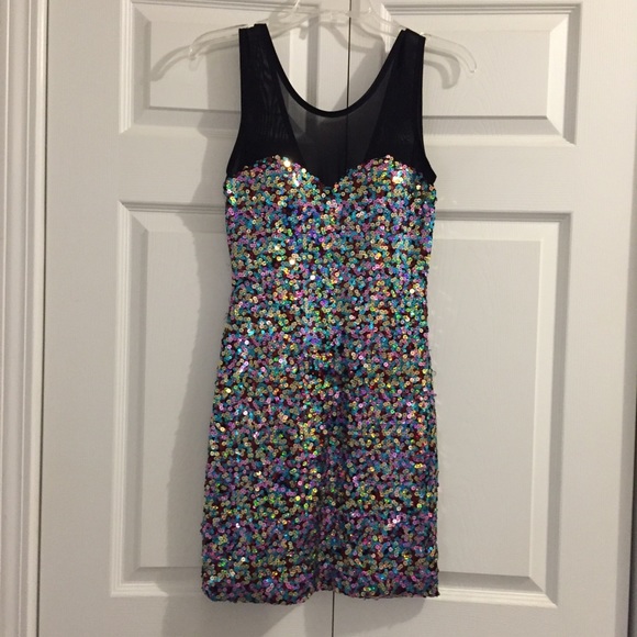 Multi Color Sequin Black Mesh Party Formal Dress Sz S - Picture 3 of 4